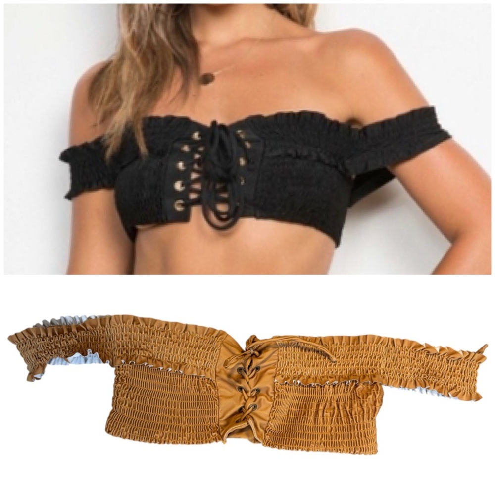 Etophe Studios off the shoulder mustard yellow lace-up front smock bikini top L